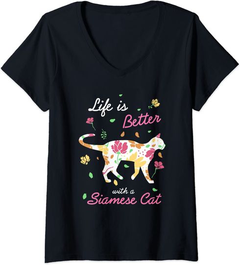 T-shirt de Mulher Gato Siamês de Flores