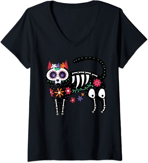 T-shirt de Mulher Crânio de Flores Gato Preto Dia dos Gatos