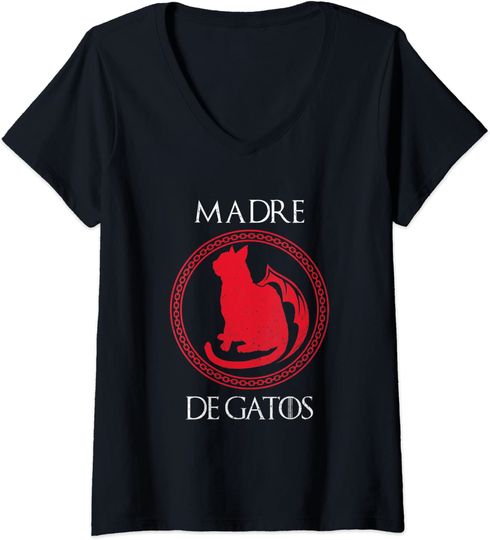 T-shirt de Mulher Madre de Gatos com Decote em V