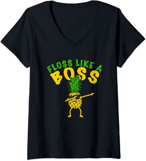 T-shirt de Mulher com Ananá Floss Like A Boss Decote em V