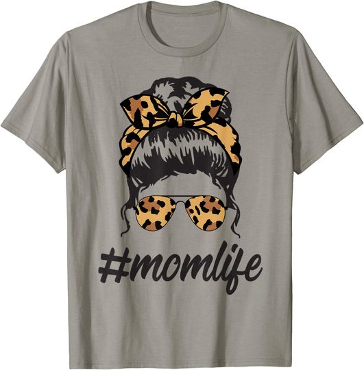 Discover Classy Mom Life with Leopard Pattern Shades & Cool Messy Bun T-Shirt