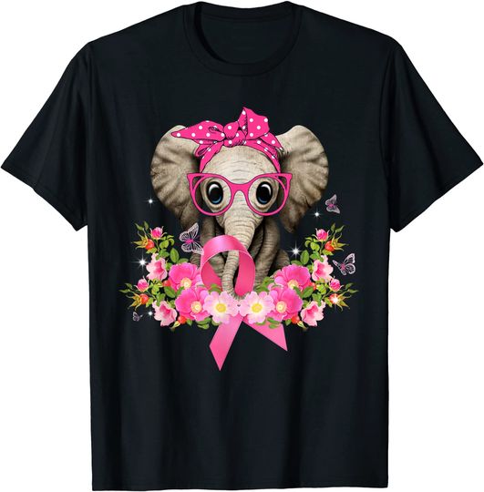 Discover Breast Cancer Awareness Cute Elephant Flowers Pink Ribbon T-Shirt