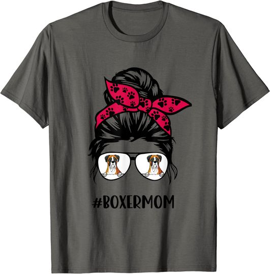 Discover Boxer Mom Messy Bun Hair Glasses, Dog Mom, Dog Owner T-Shirt