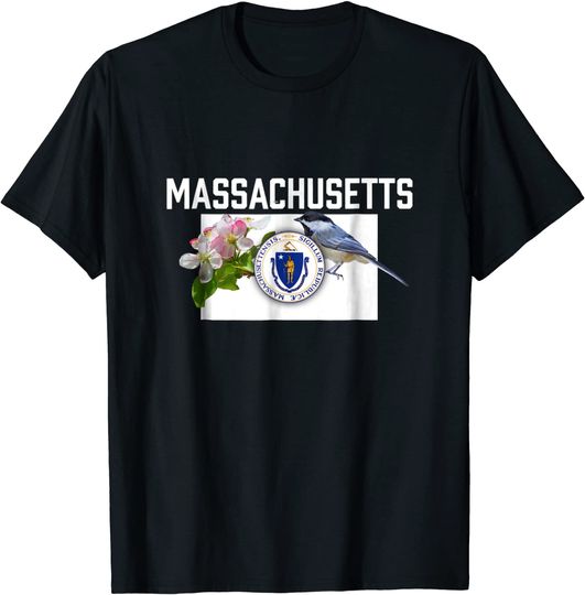 Discover Massachusetts US State Flag With State Bird & Flower T Shirt