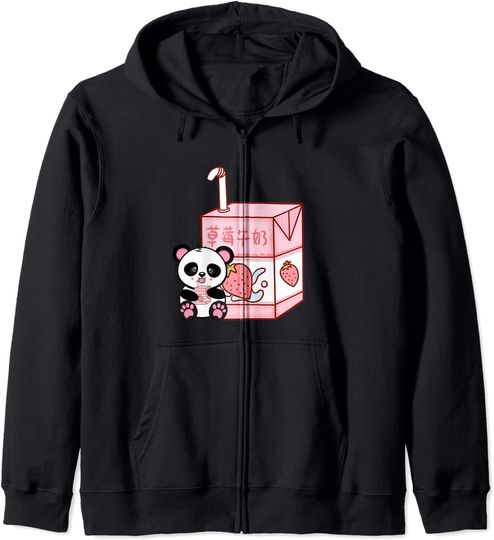 Hoodie com Fecho-éclair Unissexo Leite de Morango com Urso de Panda