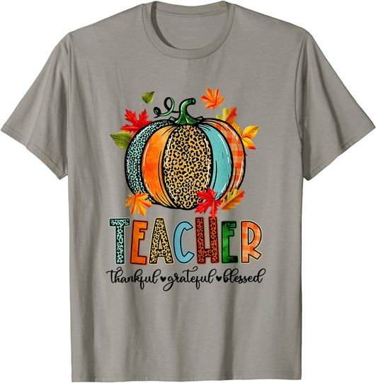 Discover Pumpkin Leopard Teacher Thankful Grateful Blessed Gift T-Shirt