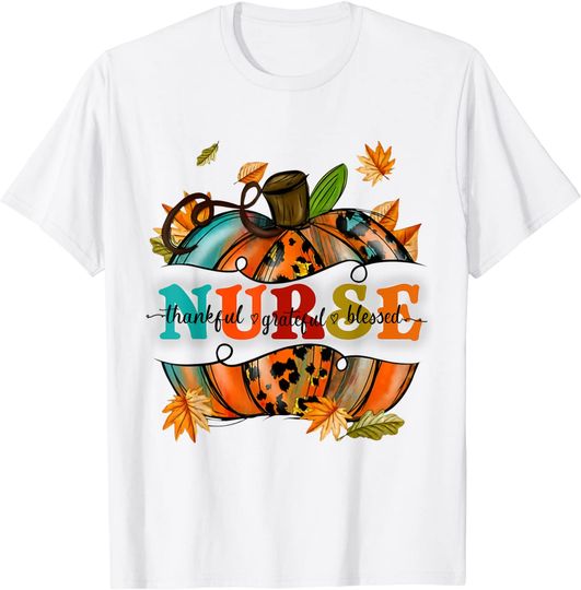 Discover Nurse Pumpkin Leopard Nurse Thankful Grateful Blessed T-Shirt
