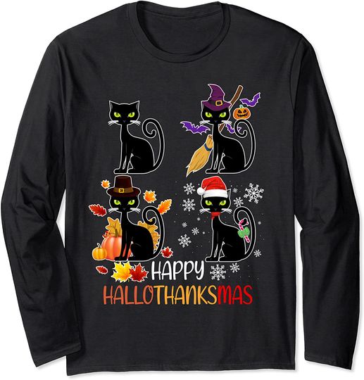 Discover Happy Hallothanksmas And Merry Christmas Black Cat Long Sleeve