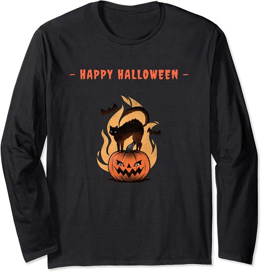 Discover Happy Halloween Bat Black Cat and Spooky Pumpkin Long Sleeve