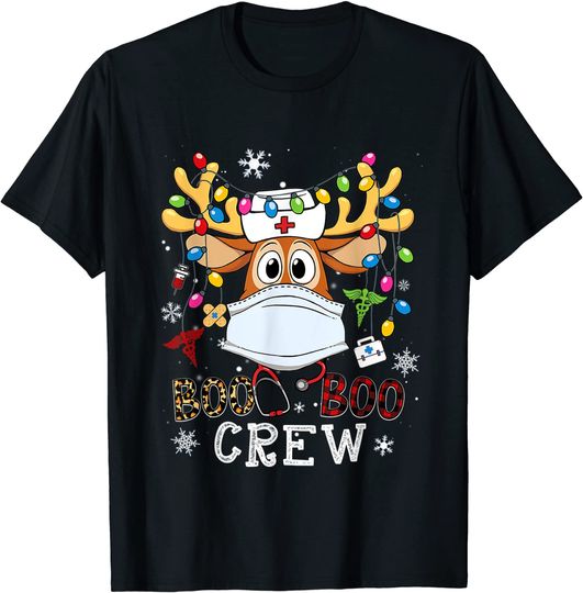 Discover Christmas Boo Boo Crew Reindeer Nurse Leopard Plaid Red Xmas T-Shirt