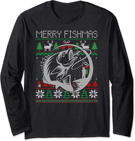 Discover Ugly Fishing Christmas Bass Fish Fisher Gift Merry Fishmas Long Sleeve T-Shirt