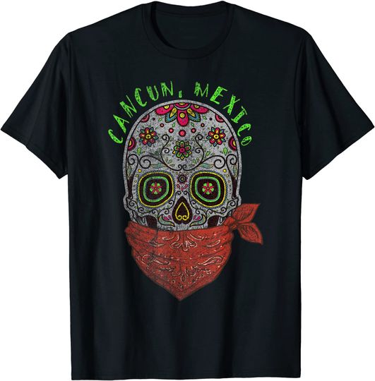 Discover Cancun Mexico Souvenir Sugar Skull Bandanna T-Shirt
