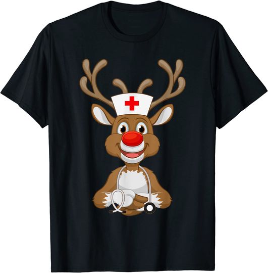 Discover Christmas Scrub Top Reindeer Scrubs Rubber Gloves Nurses T-Shirt