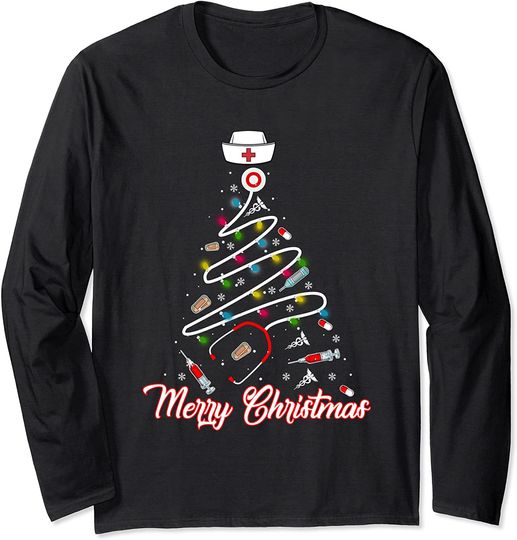 Discover Merry Christmas Nurse Shirt Stethoscope Tree Lights Xmas Long Sleeve