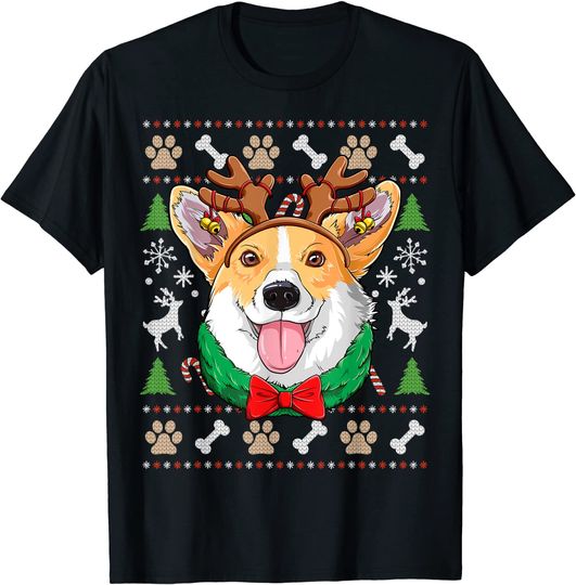 Discover Corgi Ugly Christmas Reindeer Antlers Xmas Dog T-Shirt