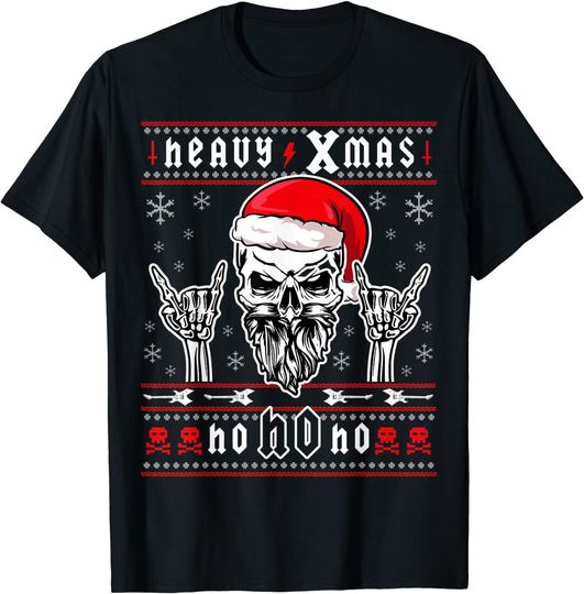 Discover Heavy Xmas Devil Horns Skull with Santa Claus Hat T-Shirt