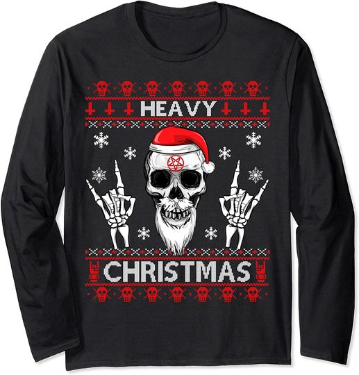 Discover Heavy Christmas Devil Horns Skull Santa Hat Ugly Sweater Long Sleeve