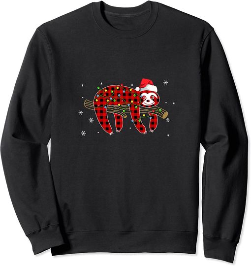 Discover Red Plaid Sloth Christmas Lights Santa Hat Pajamas Sweatshirt