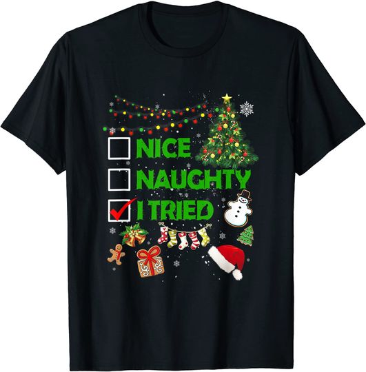 Discover Christmas Nice Naughty I Tried Xmas Tree Light Pajamas T-Shirt