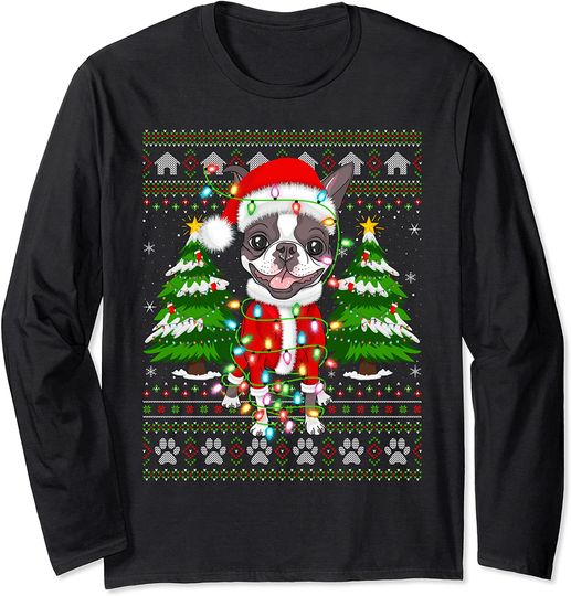 Discover Funny Xmas Lighting Ugly Santa Boston Terrier Christmas Long Sleeve T-Shirt