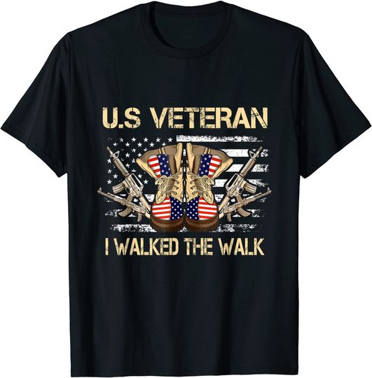 Discover US Veteran I Walked The Walk Combat Boots USA Flag T-Shirt
