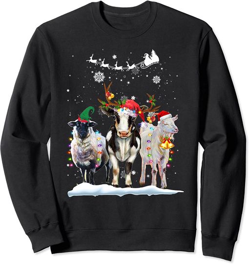 Discover Farm Animal Christmas Tree Sheep Cow Goat Reindeer Lights Sweatshirt