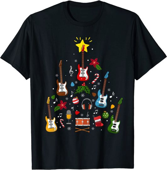 Discover Guitar Santa Hat Christmas Tree Music Xmas T-Shirt