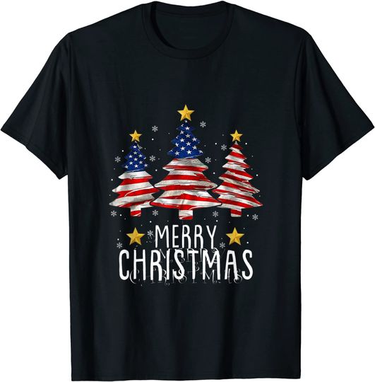 Discover Merry Christmas Xmas Tree American Flag National Holiday T-Shirt