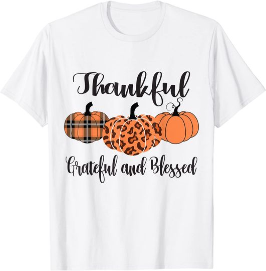 Discover Thankful Grateful Blessed Plaid Leopard Pumpkin Thanksgiving T-Shirt