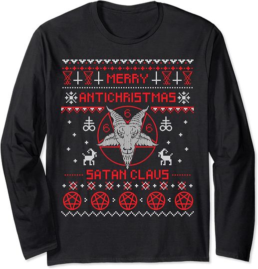 Discover Merry Antichristmas Satan Claus Pentagram Upside Down Cross Long Sleeve