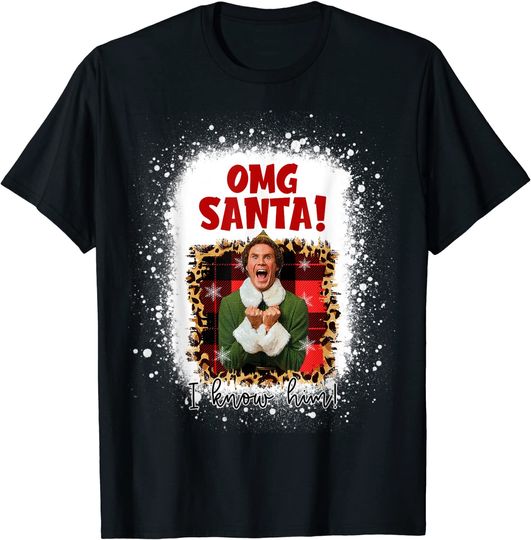 Discover Bleached Leopard Pajamas Elf Christmas Omg Santa I Know Him T-Shirt