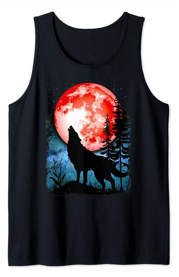 Discover Wolf Howling Red Blood Moon Galaxy Star Night Lunar Eclipse Tank Top