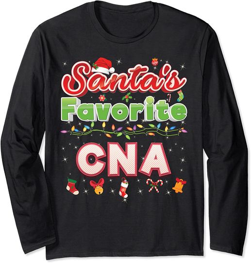 Discover Santa's Favorite CNA Nurse Christmas Santa Hat Light Sweater Long Sleeve
