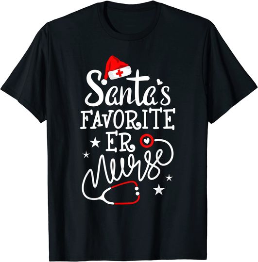 Discover Santa's Favorite ER Nurse Shirt Funny Christmas Nurse Gift T-Shirt