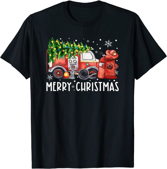 Discover Firetruck Christmas Tree Merry Firefighter Christmas Holiday T-Shirt