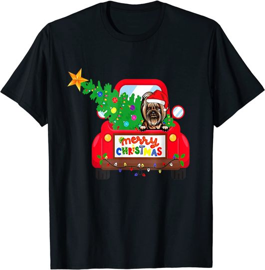 Discover Yorkie Dog Riding Red Truck Christmas Holiday T-Shirt