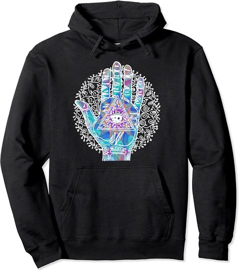 Discover Trippy Color Hoodie Psychedelic Hamsa Hand Trippy Colorful Third Eye Blue Swirl Pullover