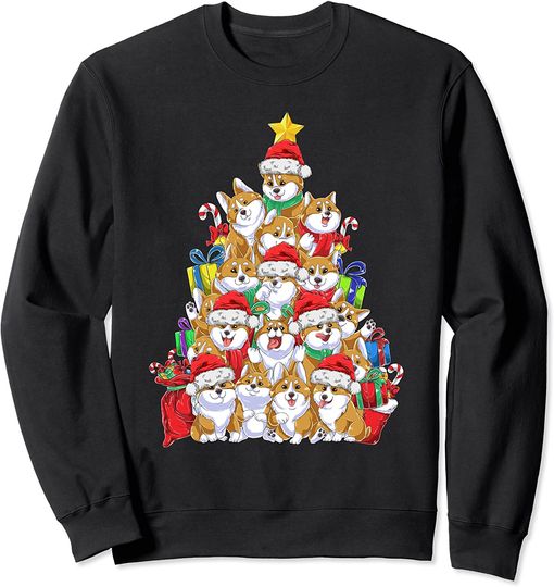 Discover Funny Corgi Christmas Tree Lights Gift Santa Hat Dog Lover Sweatshirt