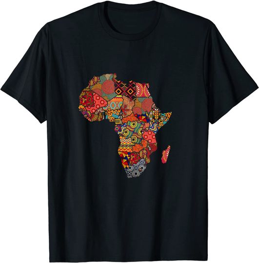 T-Shirt Camiseta Manga Curta África Orgullo Tradicional Tejido Étnico Mapa De África
