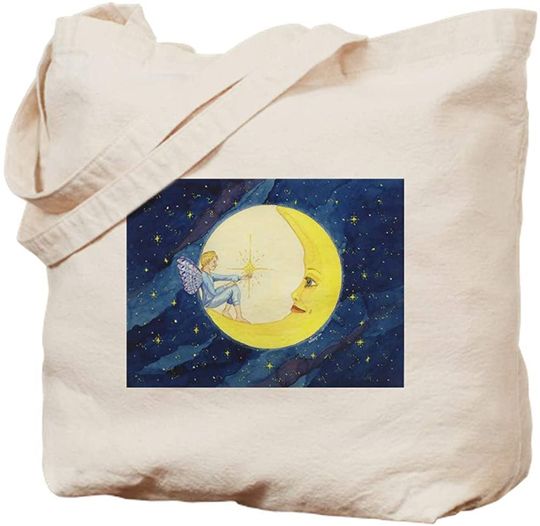 Discover Vintage Natural Canvas Tote Bag, Reusable Shopping Bag, Moon