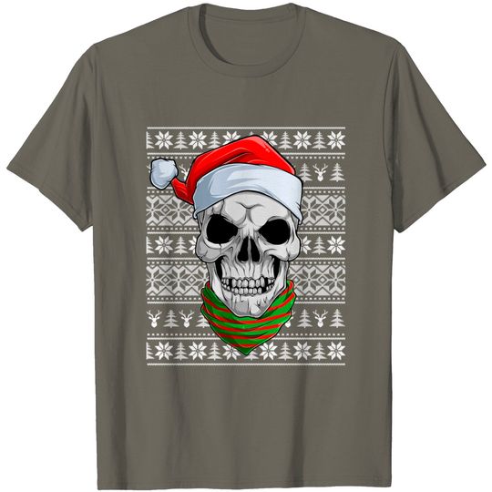 Discover Ugly Sweater Skull Face With Santa Hat Christmas Pajama Xmas T-Shirt