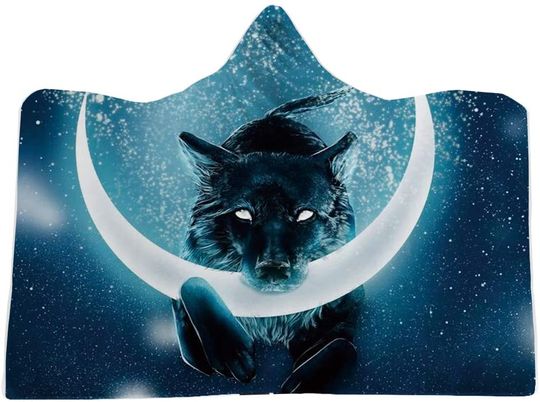Discover Wolf Biting Moon Hooded Blanket for Adult Wearable Blanket