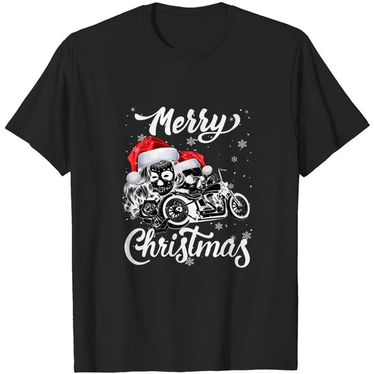 Discover Merry Christmas Skull Wearing Santa Hat Motorcycle Biker T-Shirt