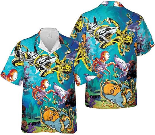 Discover Octopus and Shark Battle Hawaiian Shirt