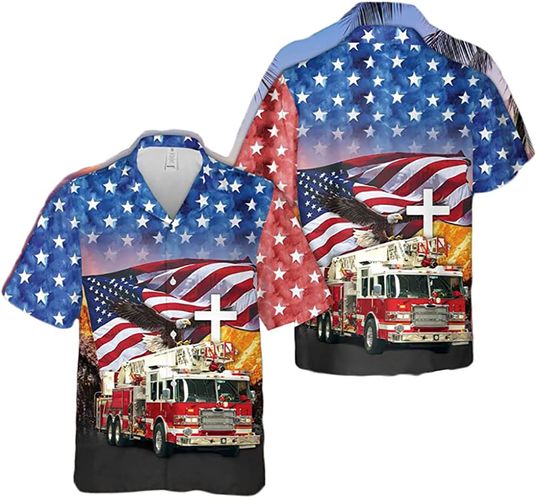 Discover Firefighter Truck Flag Pattern Hawaiian Shirt