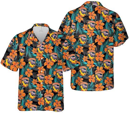Discover Firefighter Tropical Leaves Pattern Black Hawaiian Shirt