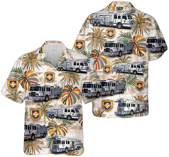 Discover Texas Firefighter Emergency Truck Palm Leaves Hawaiian Shirt