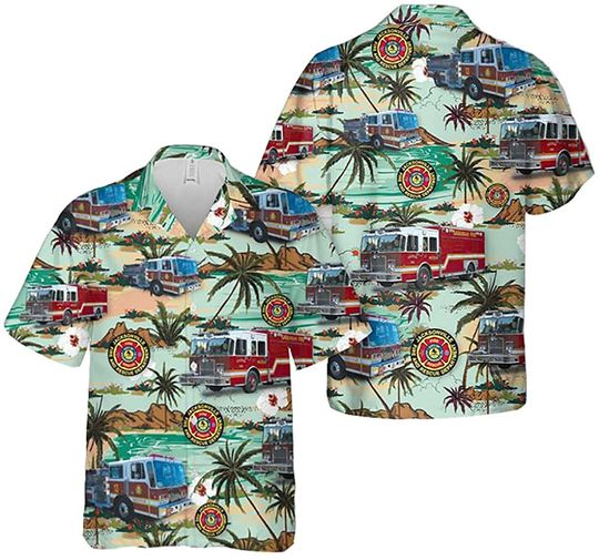 Discover Florida Firefighter Emergency Truck Island Palm Tree Hawaiian Shirt