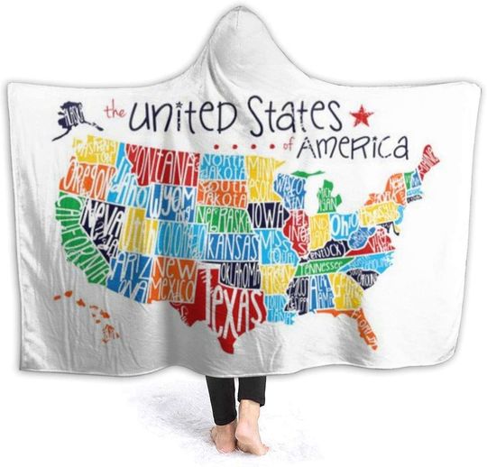 Discover Colored United States America Map Wearable Blanket Fleece Hooded Robe Cloak Throw Quilt