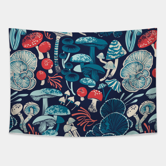 Discover Mystical fungi // midnight blue background aqua teal coral and red wild mushrooms - Mushroom - Tapestry